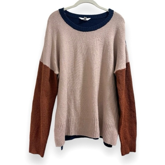 Time and Tru Color Block Crewneck Sweater Women’s Size XXXL Tan Blue Winter - Picture 3 of 16
